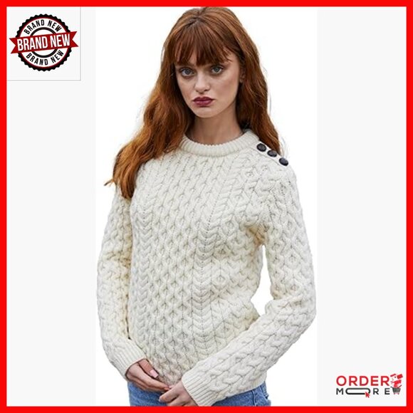 100% Merino Wool Pullover Sweater with Side Buttons Crew Neck